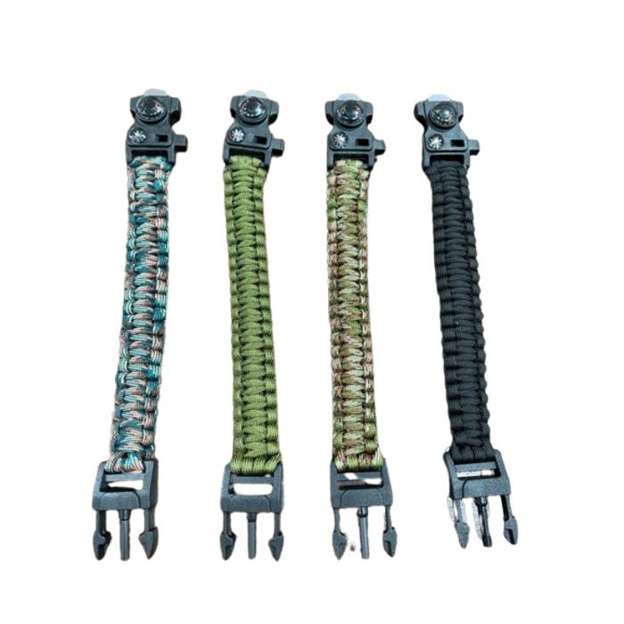 PULSERA SOGA SUPERVIVENCIA CON PEDERNAL, SILBATO, TERMOMETRO Y PEQUEA BRJULA