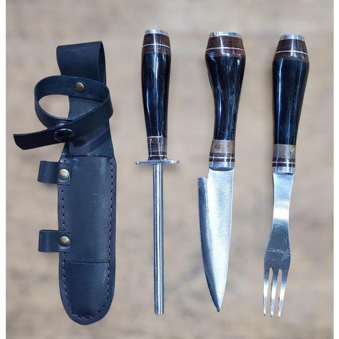 SET DE CUBIERTOS ARTESANALES CON CHAIRA Y FUNDA
