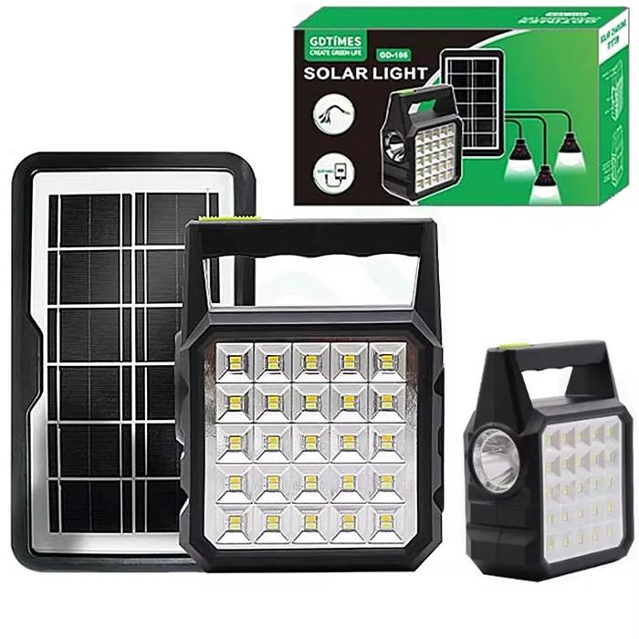 KIT PANEL SOLAR RECARGABLE PORTÁTIL CON 3 FOCOS Y CABLE MULTIUSOS